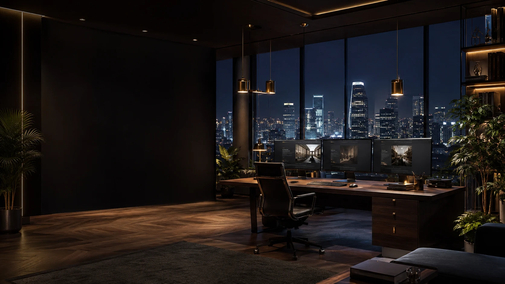 An elegant workspace overlooking the city at night